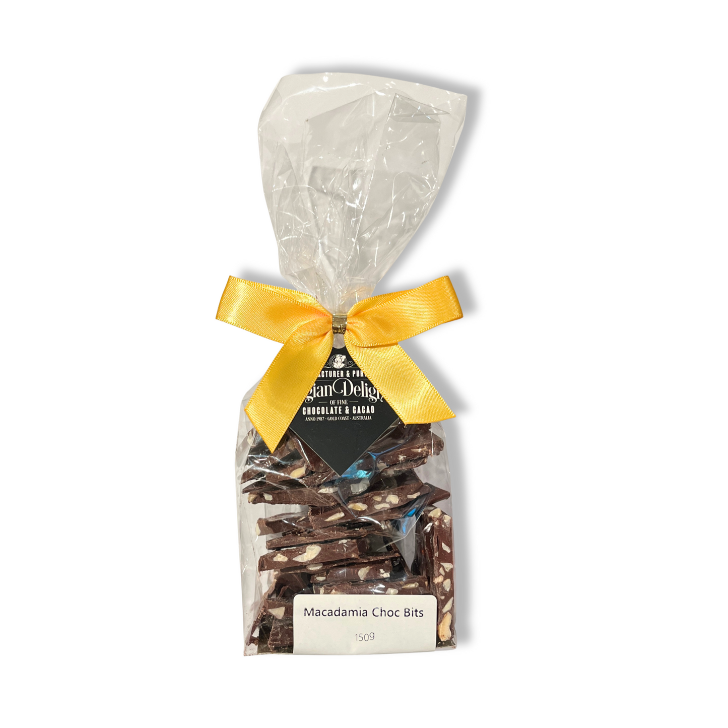 Bag of Macadamia Choc Bits with a yellow ribbon on a white background