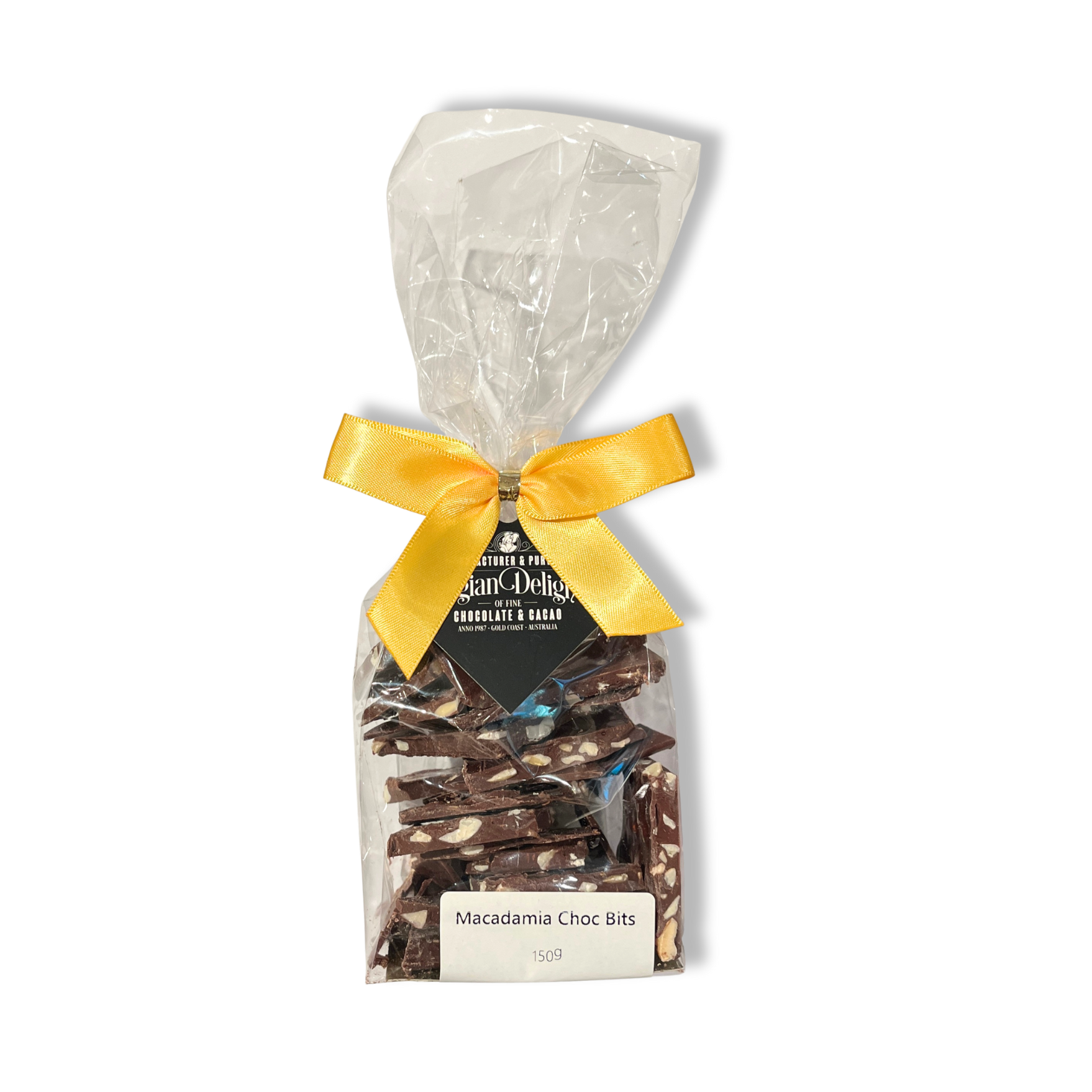 Bag of Macadamia Choc Bits with a yellow ribbon on a white background