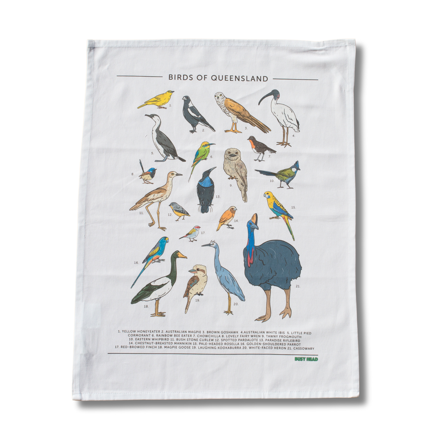 Busy Head Tea Towel | Birds of Queensland
