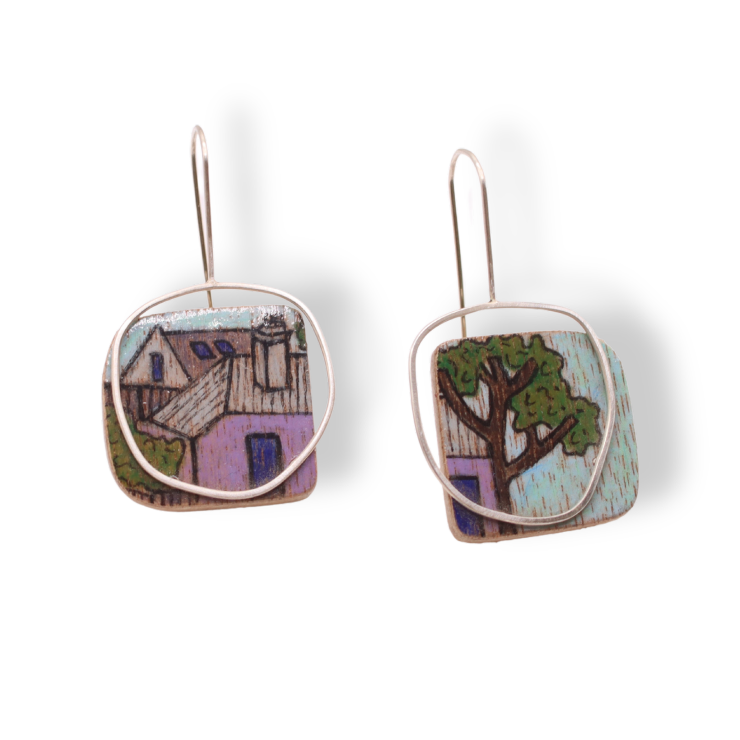 Chloë Waddell Hand-Coloured Plywood Earring with Sterling Silver Frame | #12