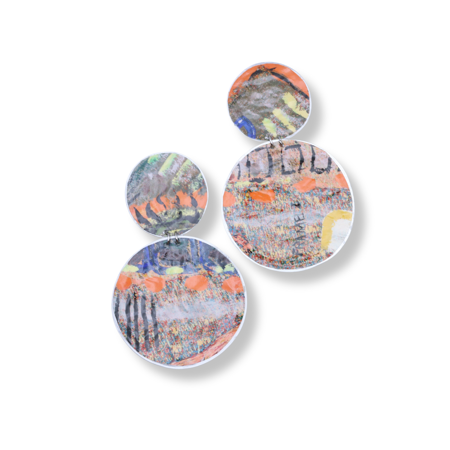 A set of four circular earrings with multicolored patterns, displayed against a white background.