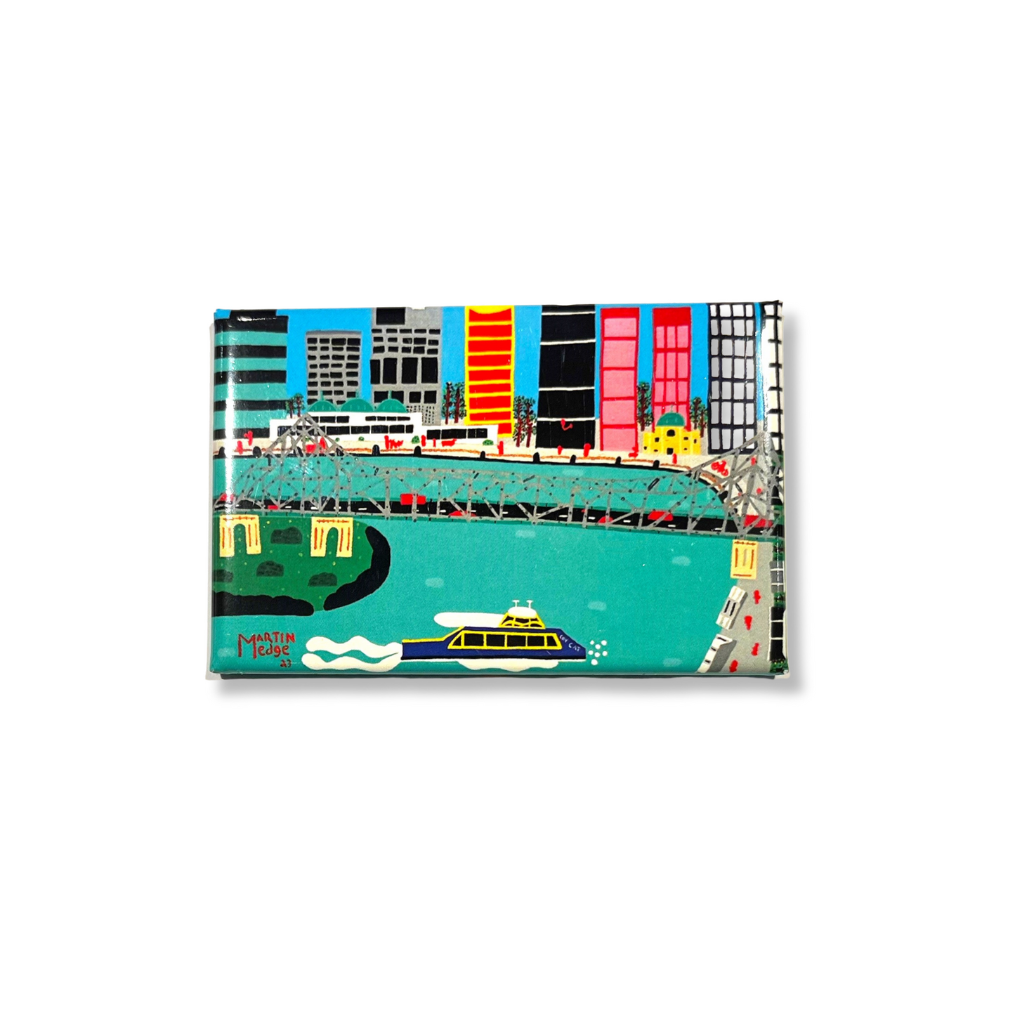 A colorful magnet featuring an artistic representation of the Story Bridge, with a design that includes a boat on the river and buildings in the background.
