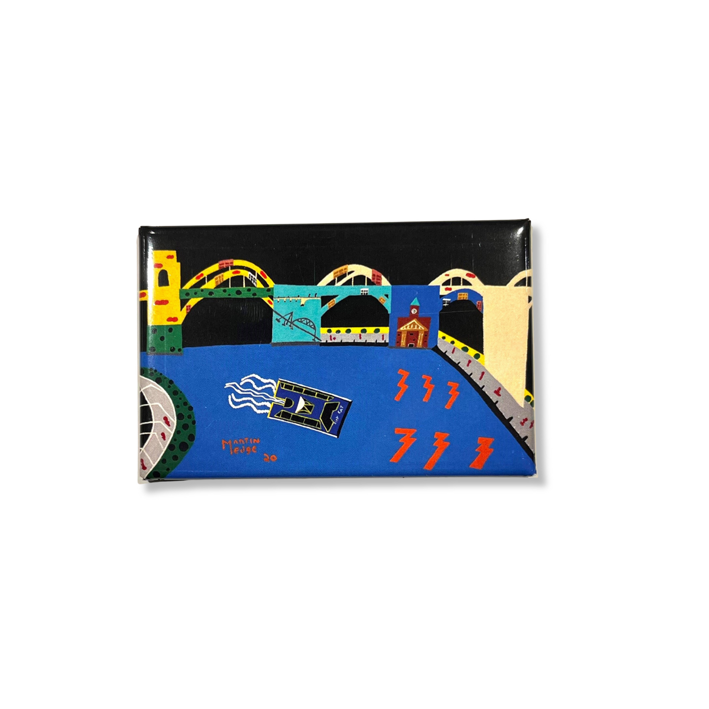 A colorful refrigerator magnet featuring an artistic representation of a bridge, with vibrant colors and whimsical elements.