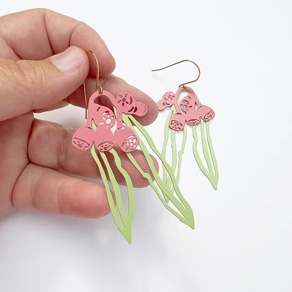 Denz Gumnut & Leaf Dangle Earrings | Green & Raspberry