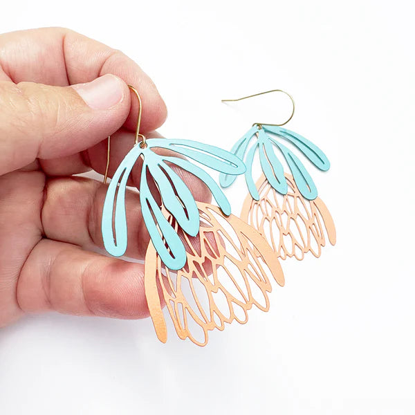 Denz Protea Flower Dangle earrings | Teal & Orange
