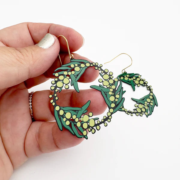 Denz Wattle Wreath Earrings | Green & Yellow