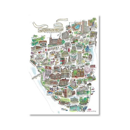 A detailed, hand-drawn map of Brisbane CBD, featuring various landmarks and buildings, executed with ink and watercolour on paper.