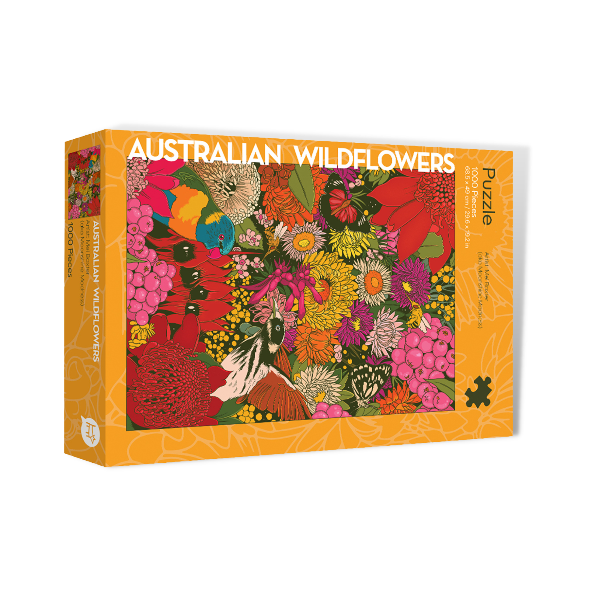 Yellow rectangular box with illustrated image of Australian birds and flowers