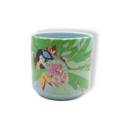 Blue House Porcelain Blue Flecked Latte Cup | Blue-faced Honeyeater