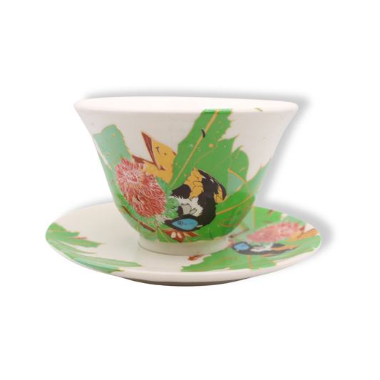 Blue House Porcelain Tea Cup & Saucer | Blue-faced Honeyeater