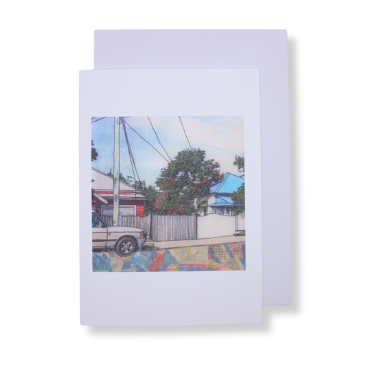 Chloë Waddell Greeting Card | Blue Roofs & Red Flowers