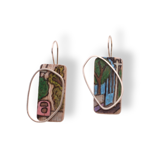 Chloë Waddell Hand-Coloured Plywood Earring with Sterling Silver Frame | #13