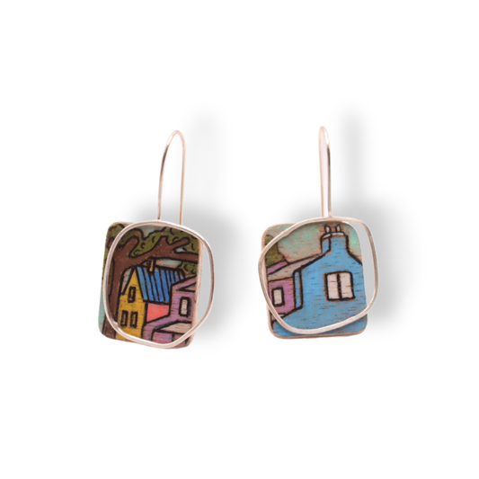 Chloë Waddell Hand-Coloured Plywood Earring with Sterling Silver Frame | #14