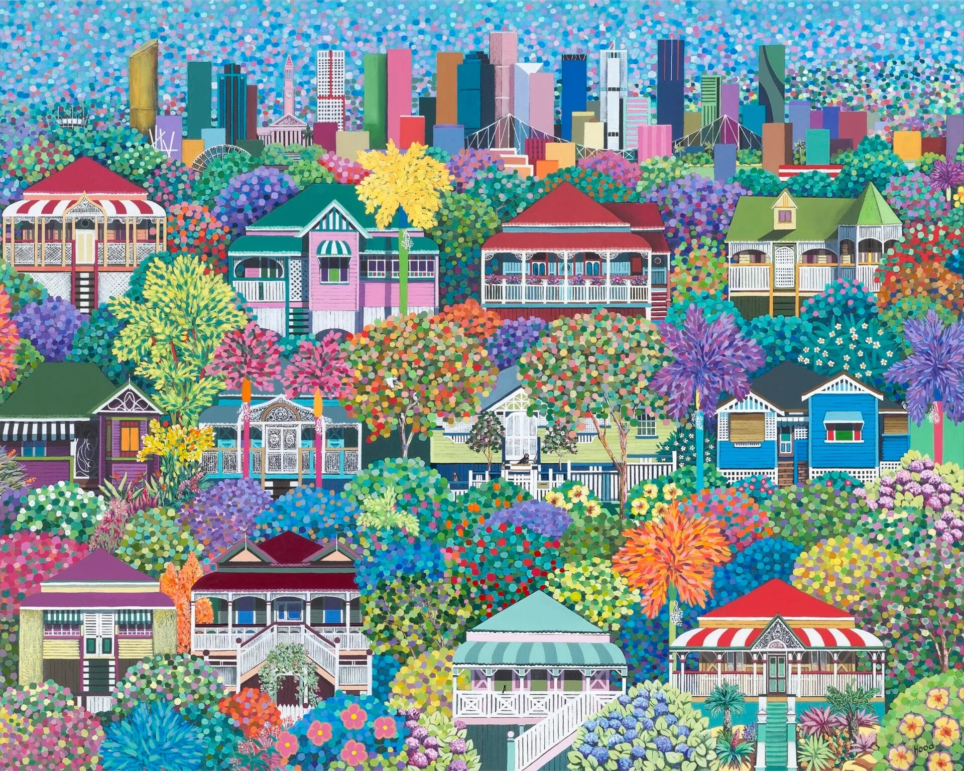 Colorful illustration of houses and buildings with a blue sky background