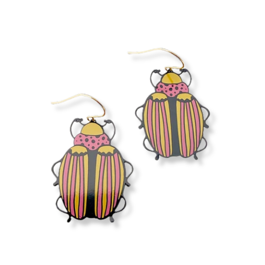 Denz Beetle Earrings in Brown, Yellow & Pink