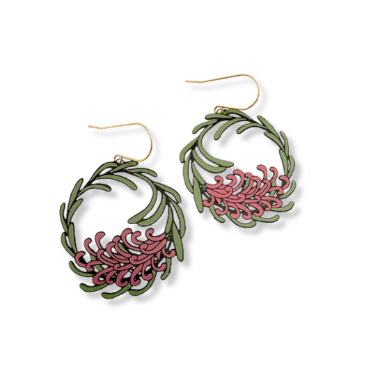 Denz Grevillea Wreath Earrings | Green & Pink