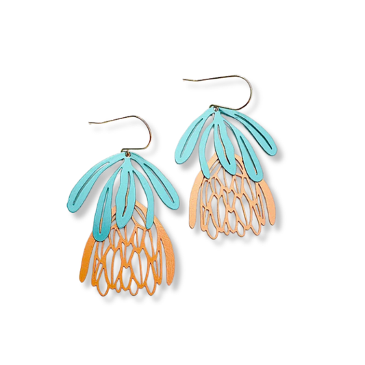 Denz Protea Flower Dangle earrings | Teal & Orange