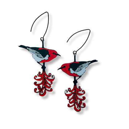 Denz Scarlet Honeyeater Earrings | Black, Grey & Red