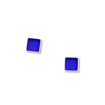 Pair of blue square stud earrings on a white background