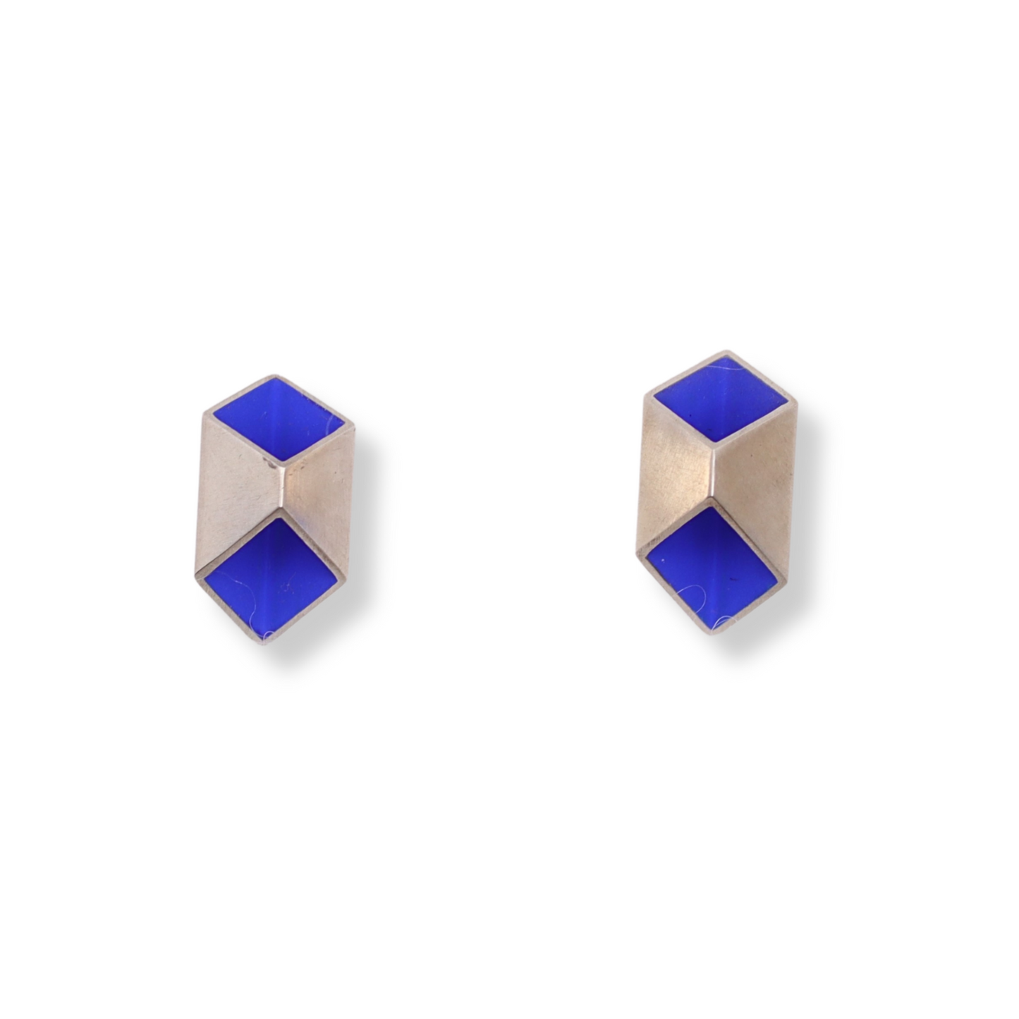 Pair of geometric blue and silver earrings on a white background