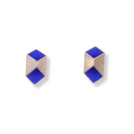 Pair of geometric blue and silver earrings on a white background