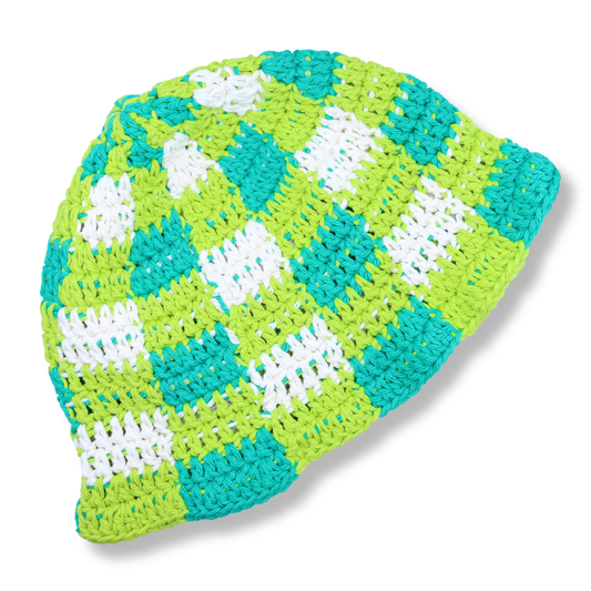 Mary Mary Hand Crocheted Hat #3 | Lime, Emerald & Ivory Check