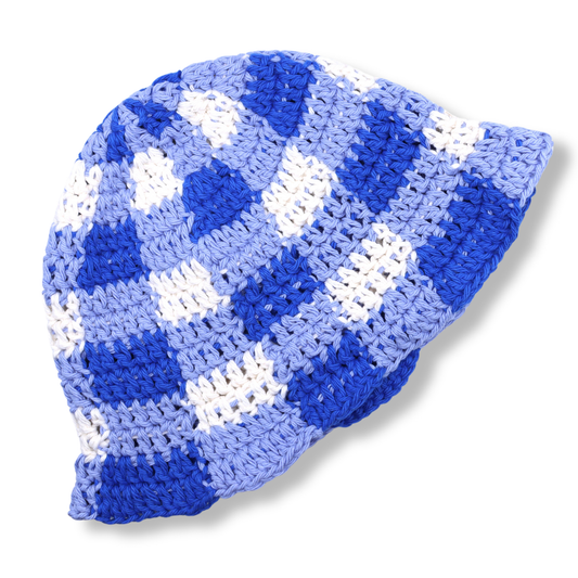 Mary Mary Hand Crocheted Hat #4 | Cornflour, Royal Blue & Ivory Check