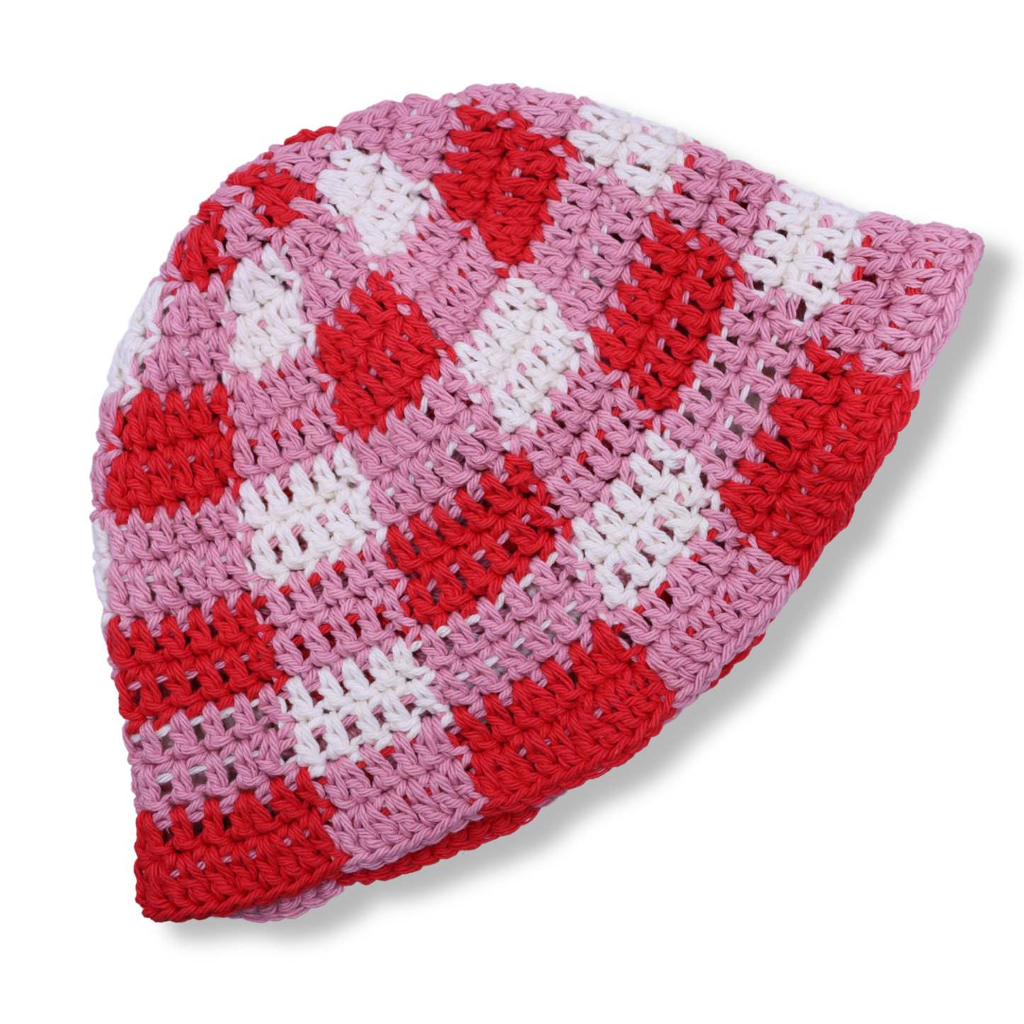 Mary Mary Hand Crocheted Hat #5 | Pink, Crimson & Ivory Check