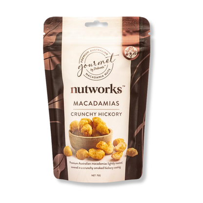 Packaged macadamias with 'Gourmet Nutworks' branding on a white background