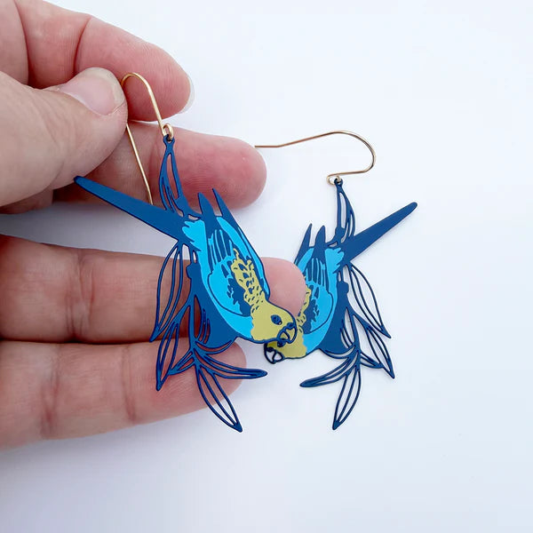 Denz Pale Headed Rosella Earrings | Blues & Yellow