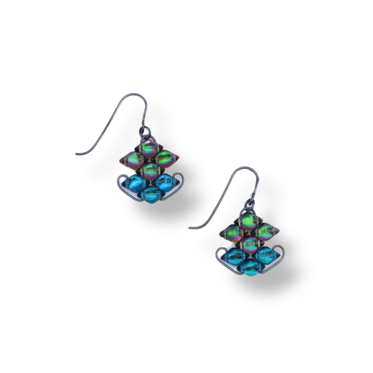 Paula Dunlop Wirework Heket Earrings | Mirrored Forest Green & Teal