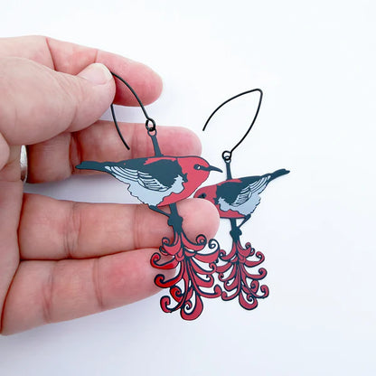 Denz Scarlet Honeyeater Earrings | Black, Grey & Red