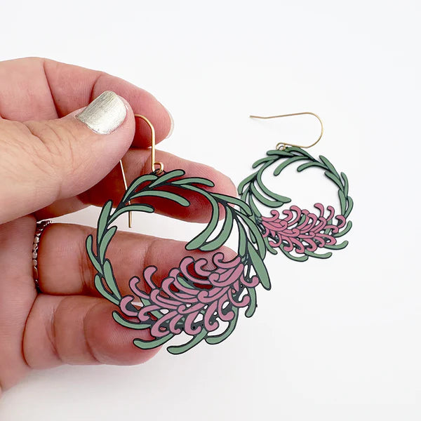 Denz Grevillea Wreath Earrings | Green & Pink